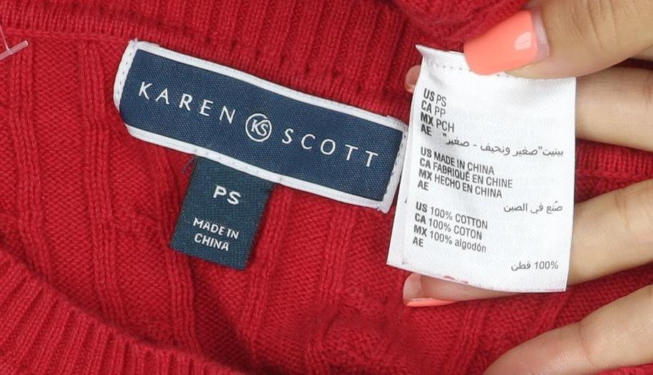 Karen Scott Women Red S Petite Cable Knit Cotton Crew Neck Jumper