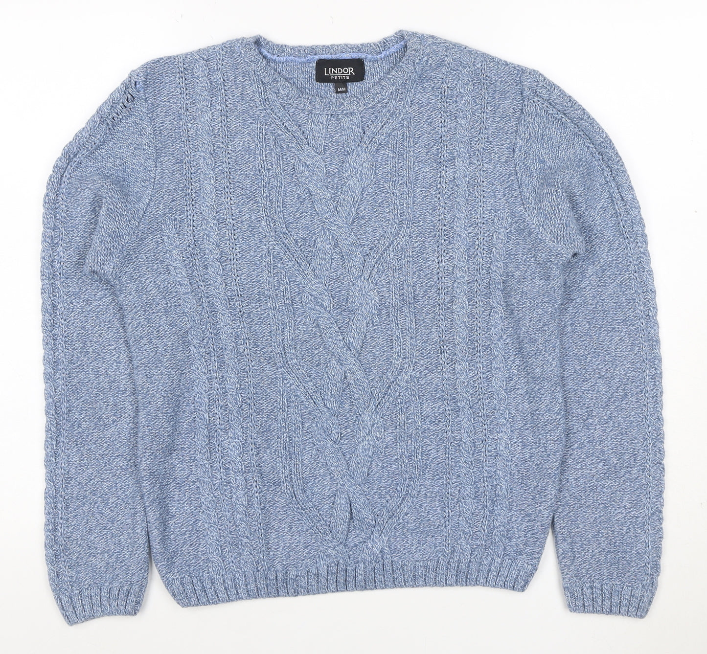 Lindor Petite Women’s Blue M Cable Knit Cotton Blend Jumper