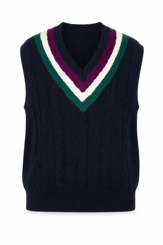Front view of I.O.U. Men’s Multicoloured L Cable Knit V-Neck Ramie Cotton Vest