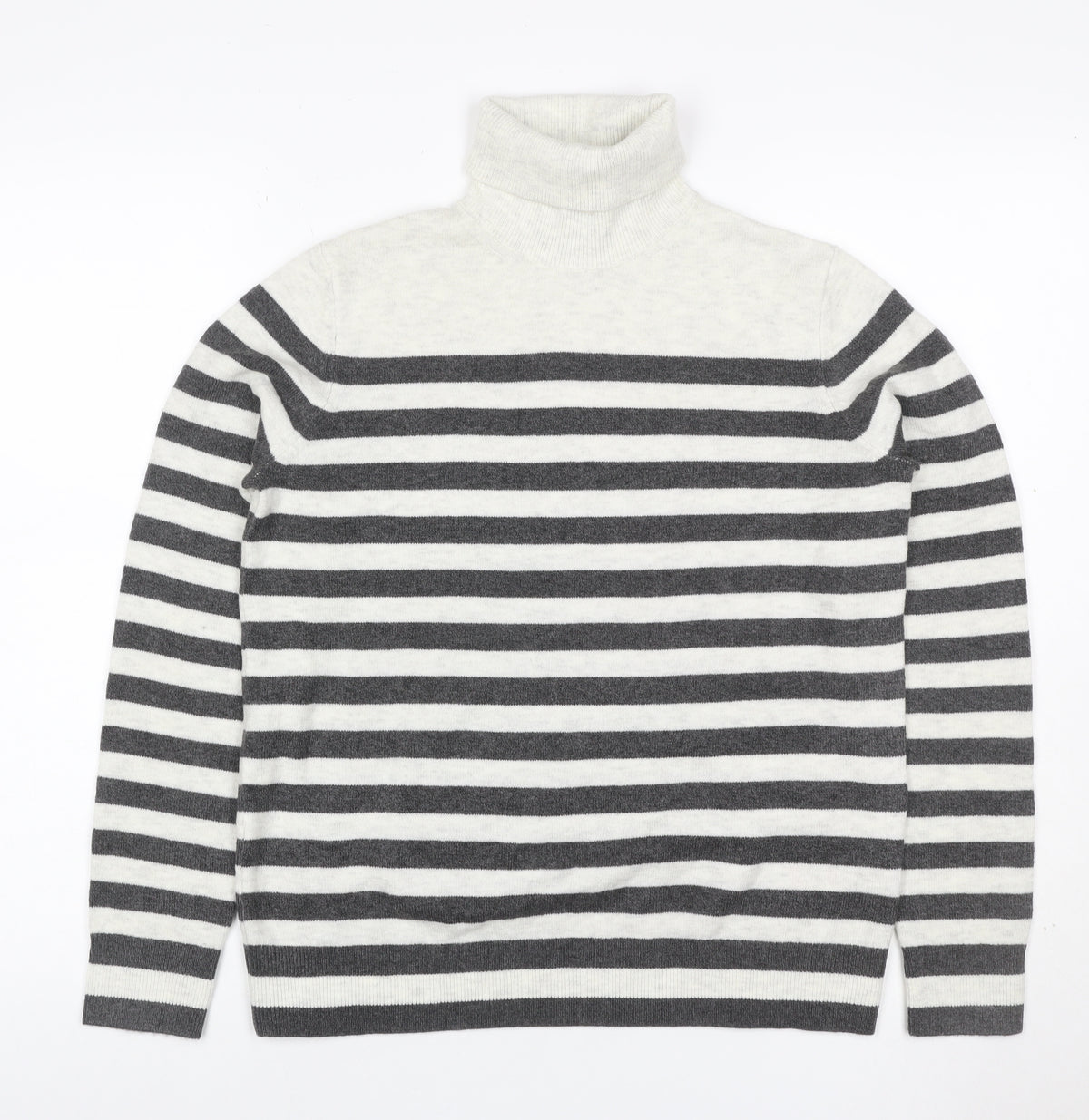 Additional front view of Marks & Spencer Women Grey Ivory Striped Roll Neck Jumper, size S