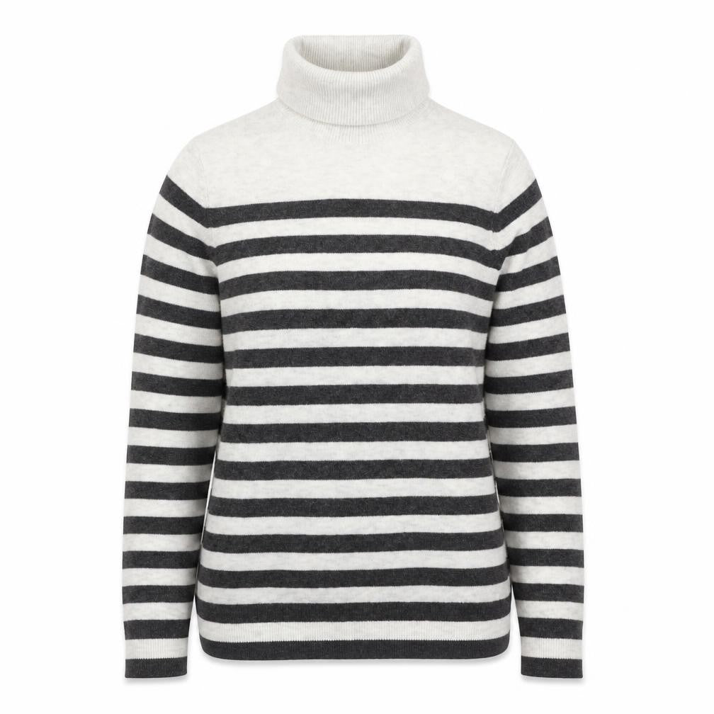 Front view of Marks & Spencer Women Grey Ivory Striped Roll Neck Jumper, size S