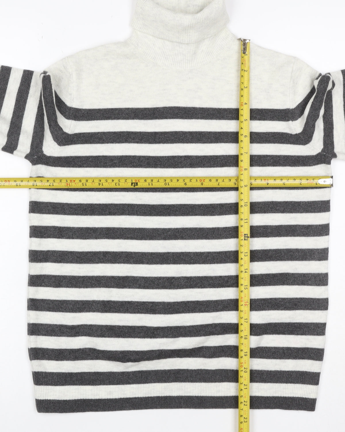 Close-up detail of Marks & Spencer Women Grey Ivory Striped Roll Neck Jumper, size S