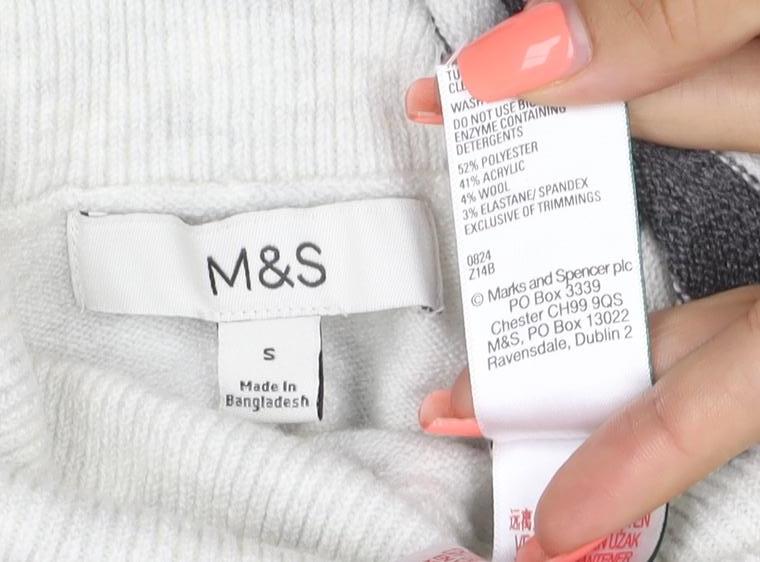 Brand and care label for Marks & Spencer Women Grey Ivory Striped Roll Neck Jumper, size S