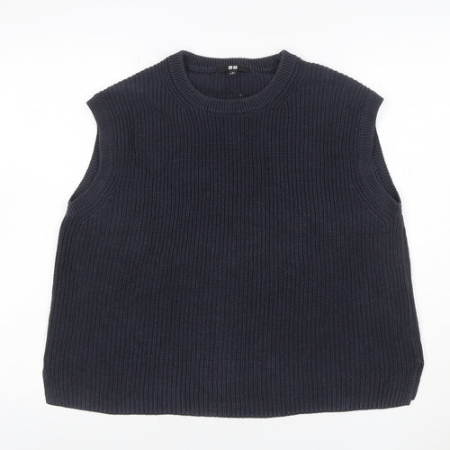 Uniqlo Women Blue M Ribbed Cotton Knit Sleeveless Crew Neck Vest