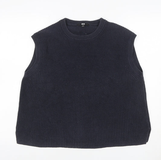 Uniqlo Women Blue M Ribbed Cotton Knit Sleeveless Crew Neck Vest