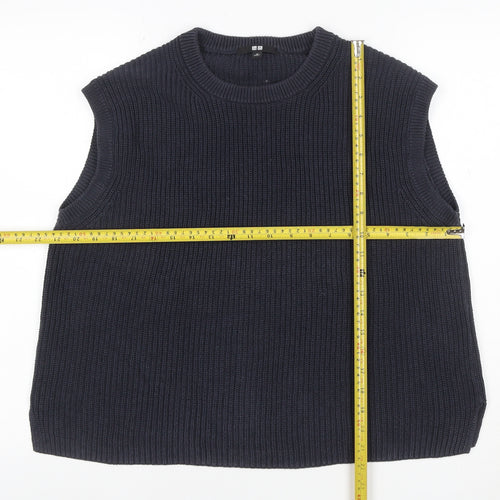 Uniqlo Women Blue M Ribbed Cotton Knit Sleeveless Crew Neck Vest
