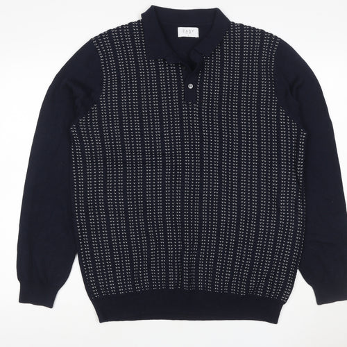 Easy Mens Blue L Collared Henley Geometric Knit Wool Blend Jumper