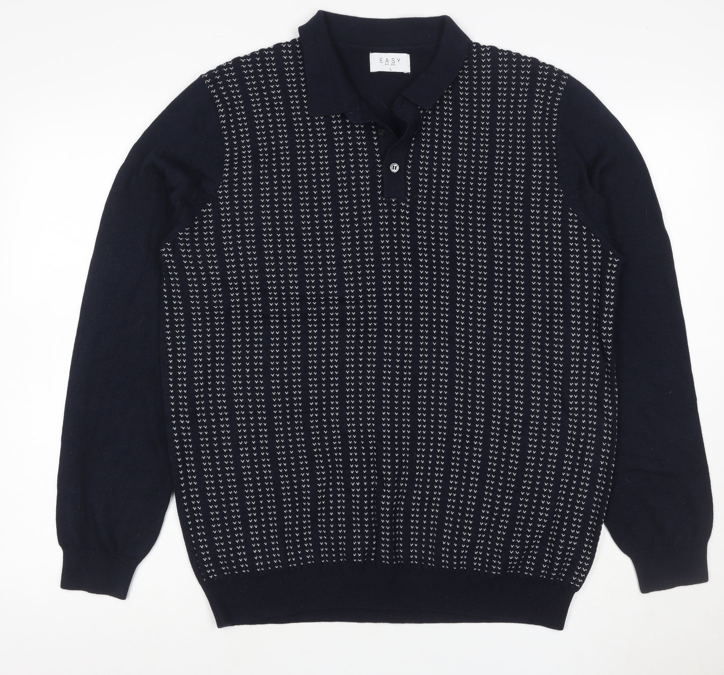 Easy Mens Blue L Collared Henley Geometric Knit Wool Blend Jumper