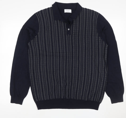 Easy Mens Blue L Collared Henley Geometric Knit Wool Blend Jumper