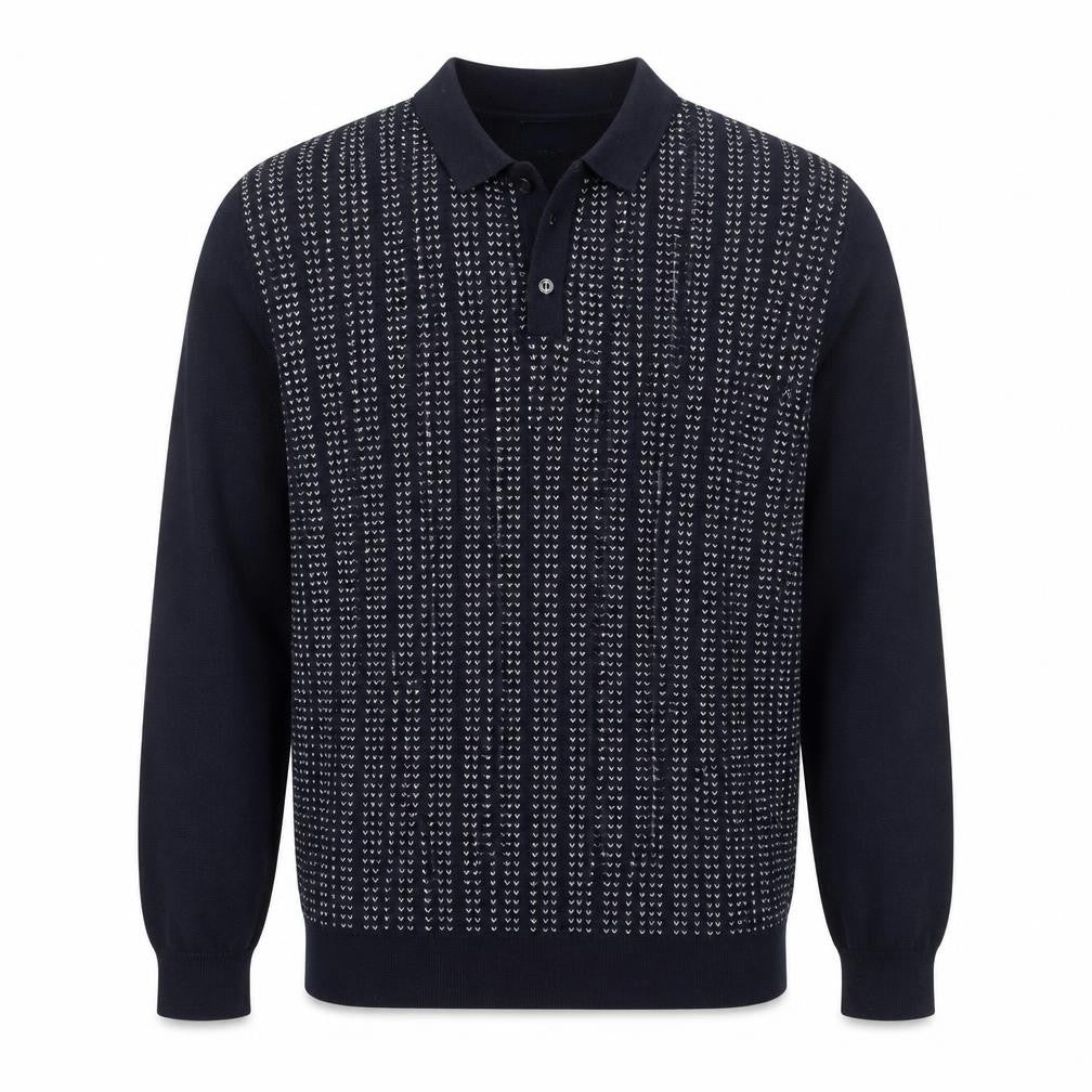 Front view of Easy men’s blue l collared henley geometric knit wool blend jumper