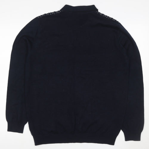 Easy Mens Blue L Collared Henley Geometric Knit Wool Blend Jumper