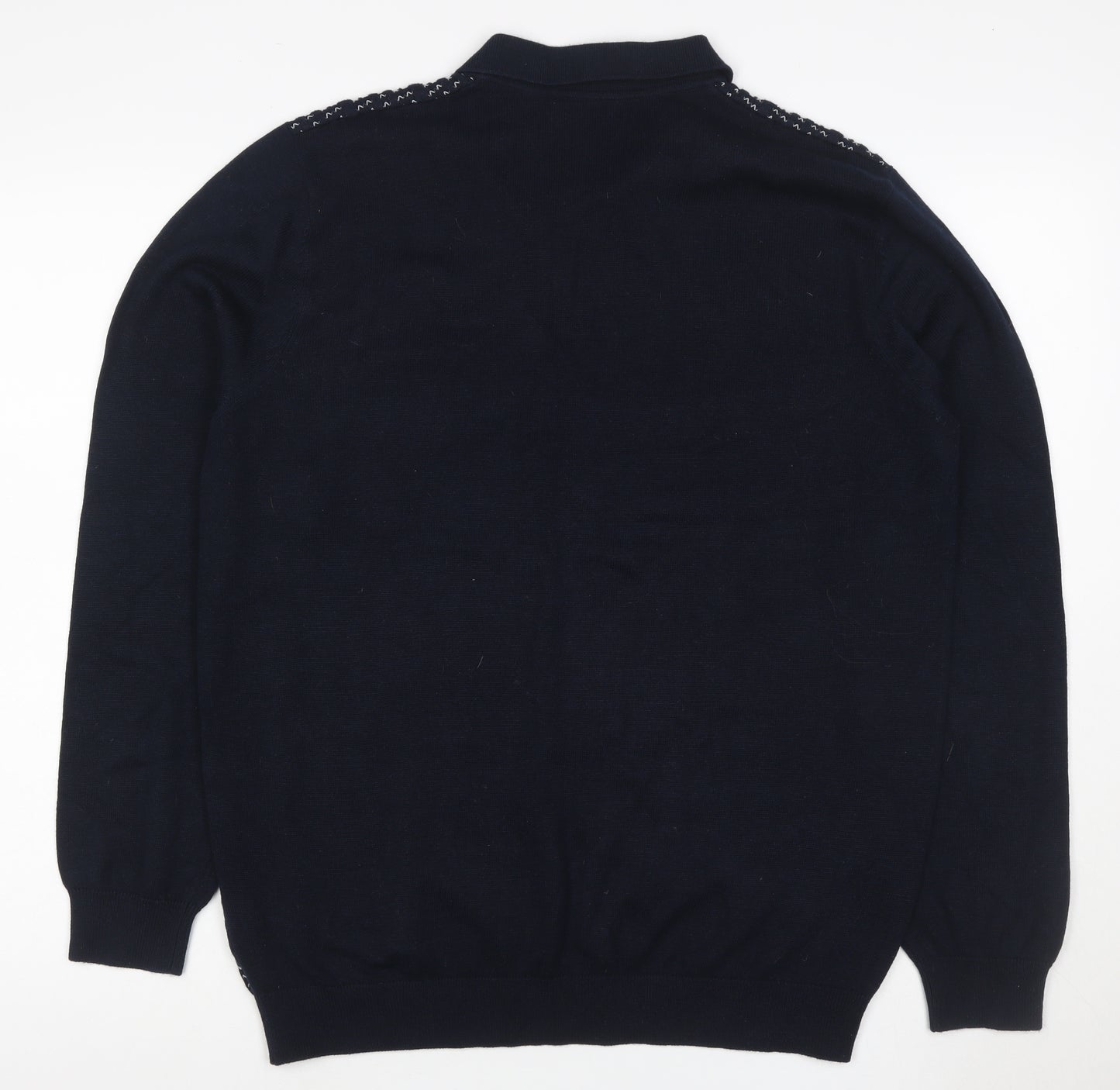 Easy Mens Blue L Collared Henley Geometric Knit Wool Blend Jumper