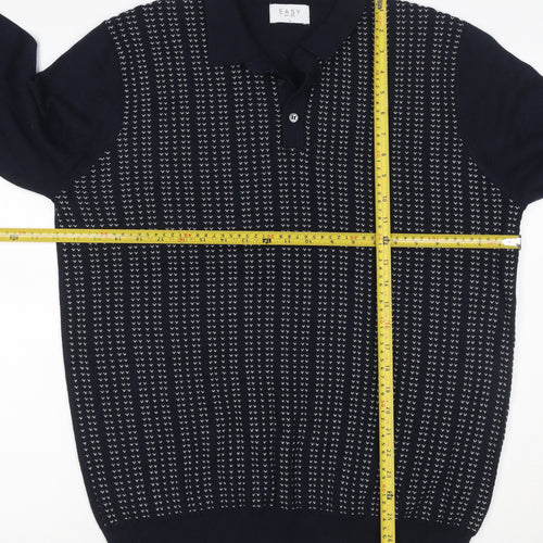 Easy Mens Blue L Collared Henley Geometric Knit Wool Blend Jumper