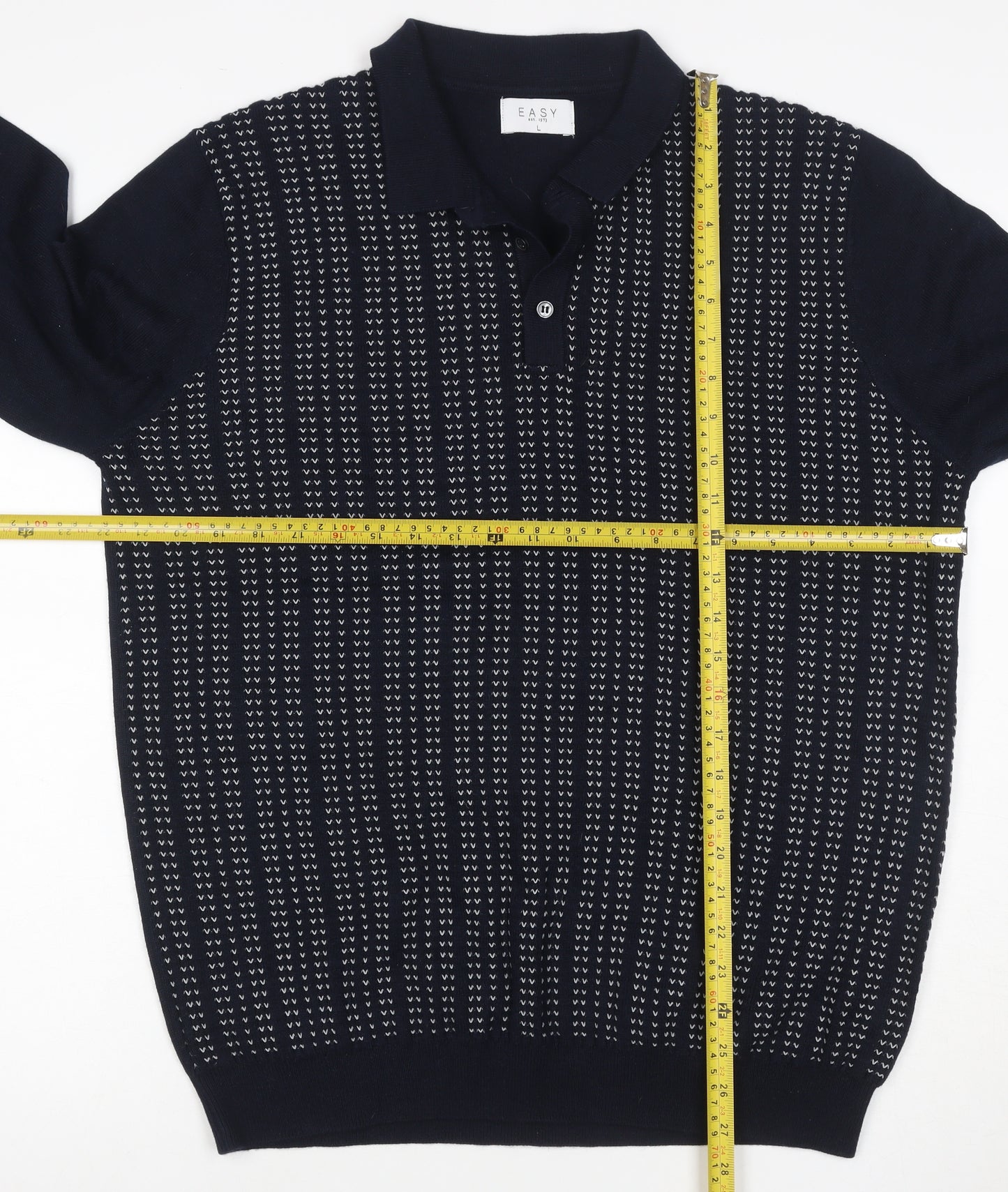 Easy Mens Blue L Collared Henley Geometric Knit Wool Blend Jumper
