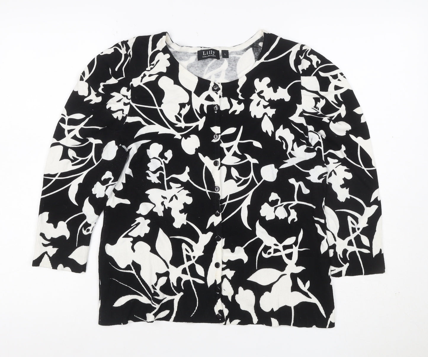 Lilly Collection Women’s Black White Floral Knit Cardigan L