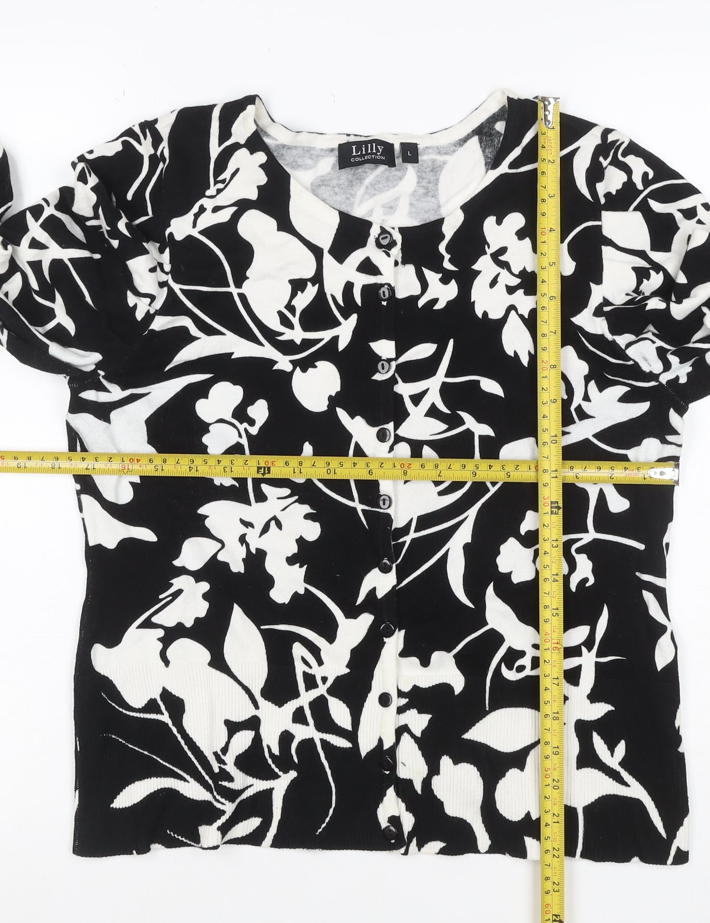 Lilly Collection Women’s Black White Floral Knit Cardigan L