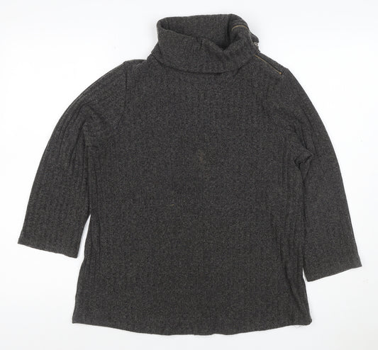 Parallel Skies Women Grey L Knit Roll Neck Zip Tunic Top