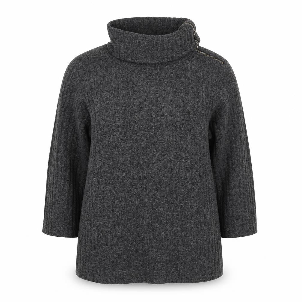 Front view of Parallel Skies Women Grey L Knit Roll Neck Zip Tunic Top