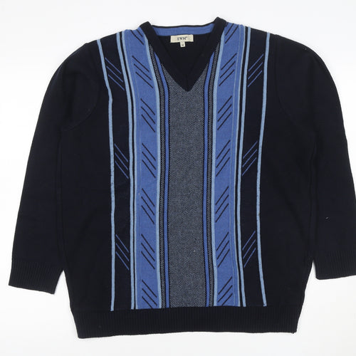 EWM Men's Black Blue M V-Neck Striped Cotton Blend Knit Jumper