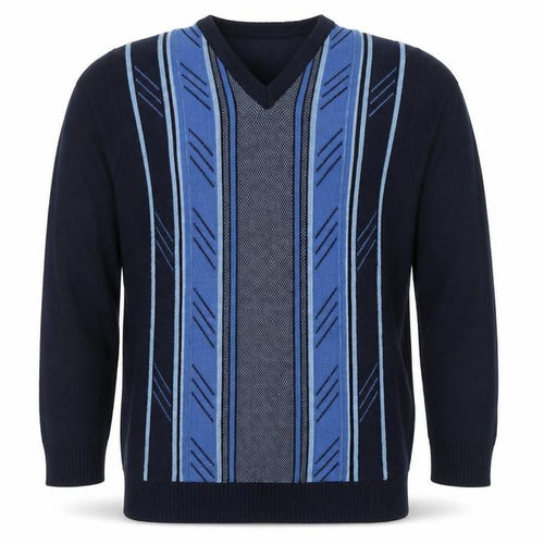 EWM Men's Black Blue M V-Neck Striped Cotton Blend Knit Jumper
