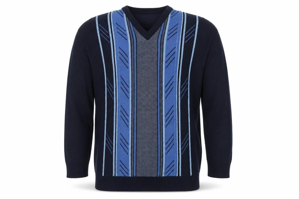EWM Men's Black Blue M V-Neck Striped Cotton Blend Knit Jumper