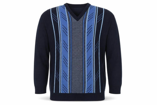 Front view of EWM Men's Black Blue M V-Neck Striped Cotton Blend Knit Jumper