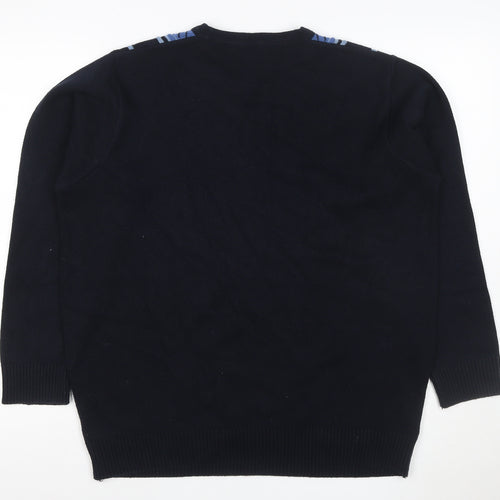 EWM Men's Black Blue M V-Neck Striped Cotton Blend Knit Jumper