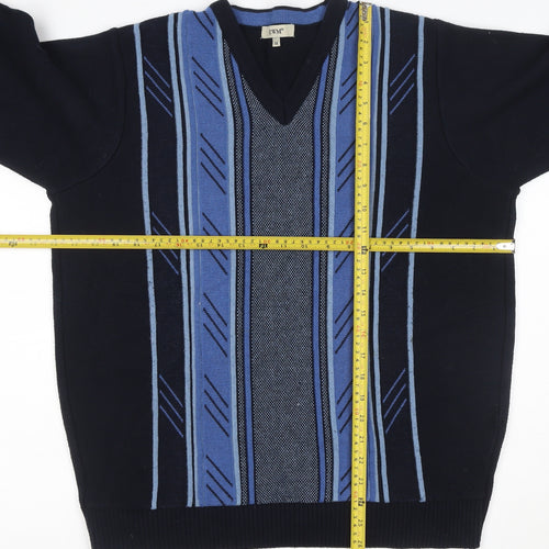 EWM Men's Black Blue M V-Neck Striped Cotton Blend Knit Jumper