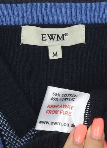 EWM Men's Black Blue M V-Neck Striped Cotton Blend Knit Jumper