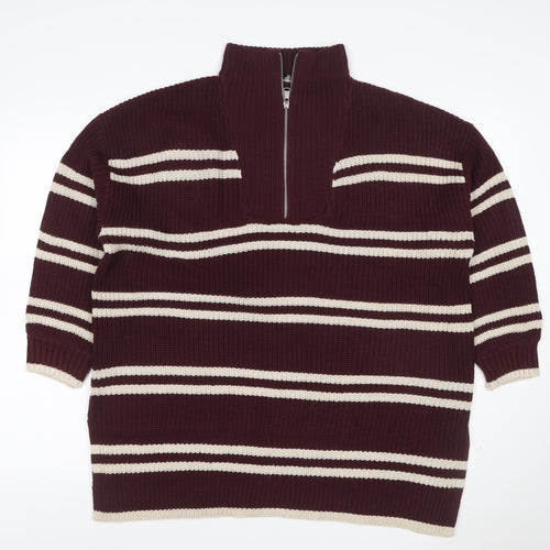 Yours Women Burgundy Ivory Striped 1/4 Zip Knit Jumper UK 14-16