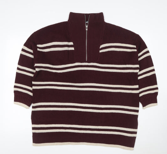 Yours Women Burgundy Ivory Striped 1/4 Zip Knit Jumper UK 14-16