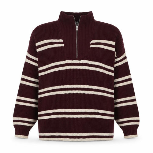 Yours Women Burgundy Ivory Striped 1/4 Zip Knit Jumper UK 14-16