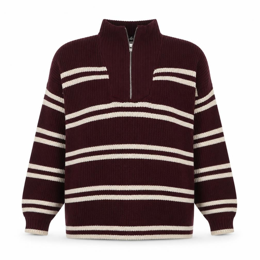 Yours Women Burgundy Ivory Striped 1/4 Zip Knit Jumper UK 14-16
