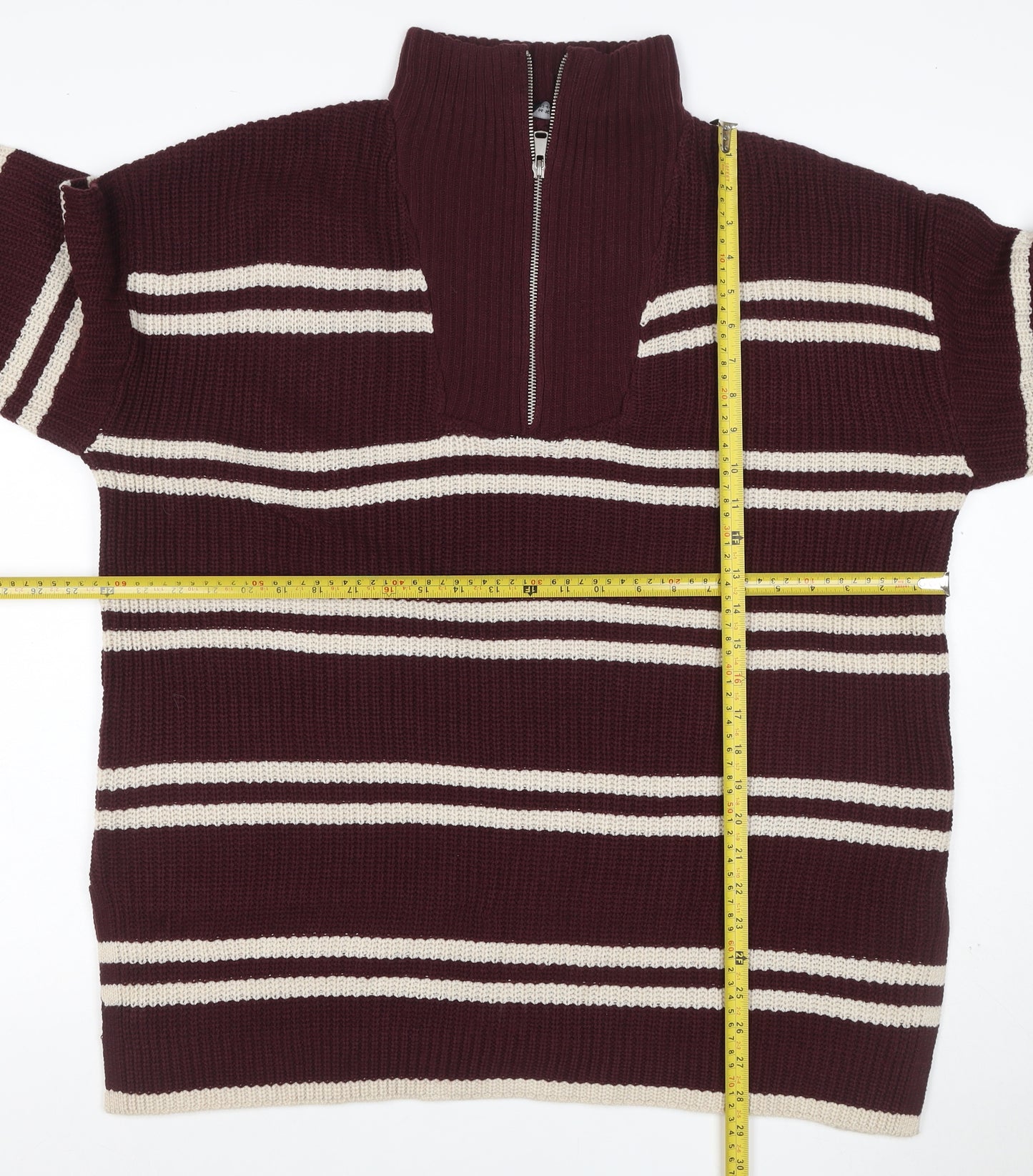 Yours Women Burgundy Ivory Striped 1/4 Zip Knit Jumper UK 14-16