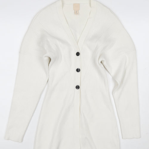 H&M Women Ivory XS Rib Knit V-Neck Button Cardigan