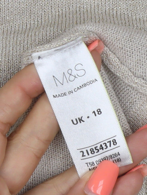 Marks and Spencer Women Beige Glitter Knit Short Sleeve Top UK 18