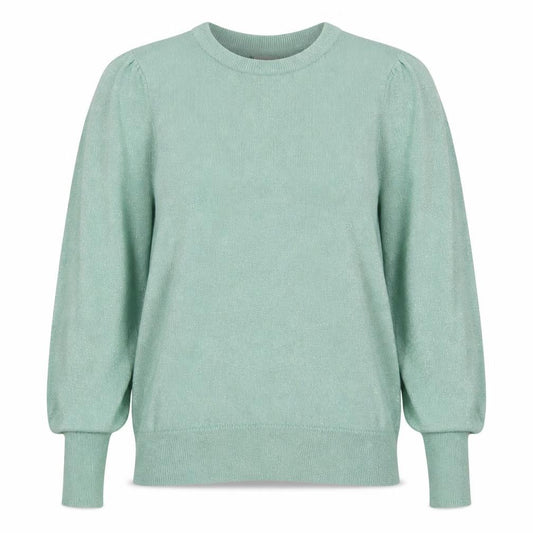 Front view of B Copenhagen Women Green M Glitter Puff Sleeve Crew Neck Knit Jumper