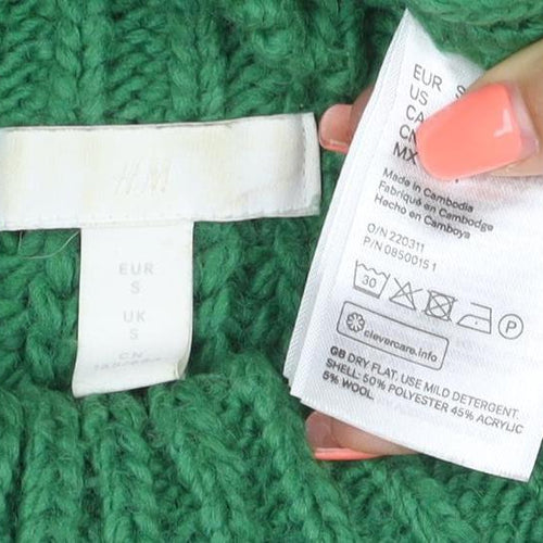 H&M Women Green S Chunky Rib Knit High Neck Raglan Jumper