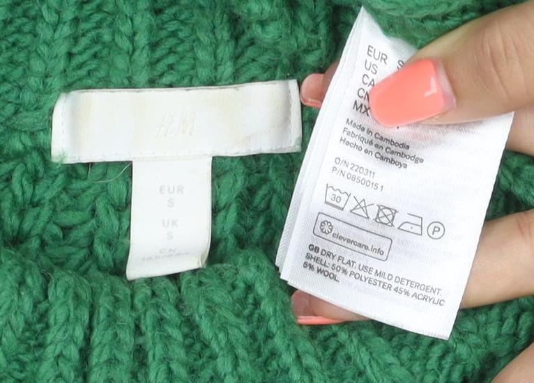 H&M Women Green S Chunky Rib Knit High Neck Raglan Jumper