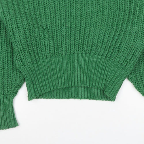 H&M Women Green S Chunky Rib Knit High Neck Raglan Jumper