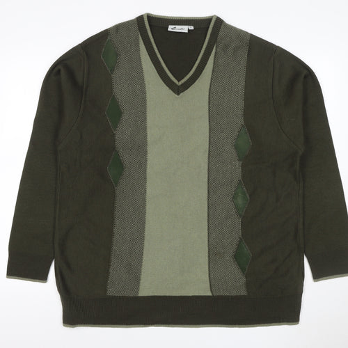 Cavalli Men’s Green L Geometric V-Neck Knit Pullover Jumper