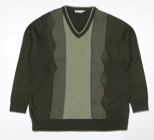 Cavalli Men’s Green L Geometric V-Neck Knit Pullover Jumper