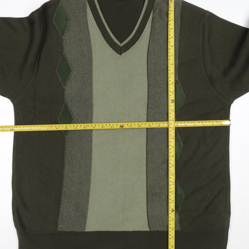 Cavalli Men’s Green L Geometric V-Neck Knit Pullover Jumper