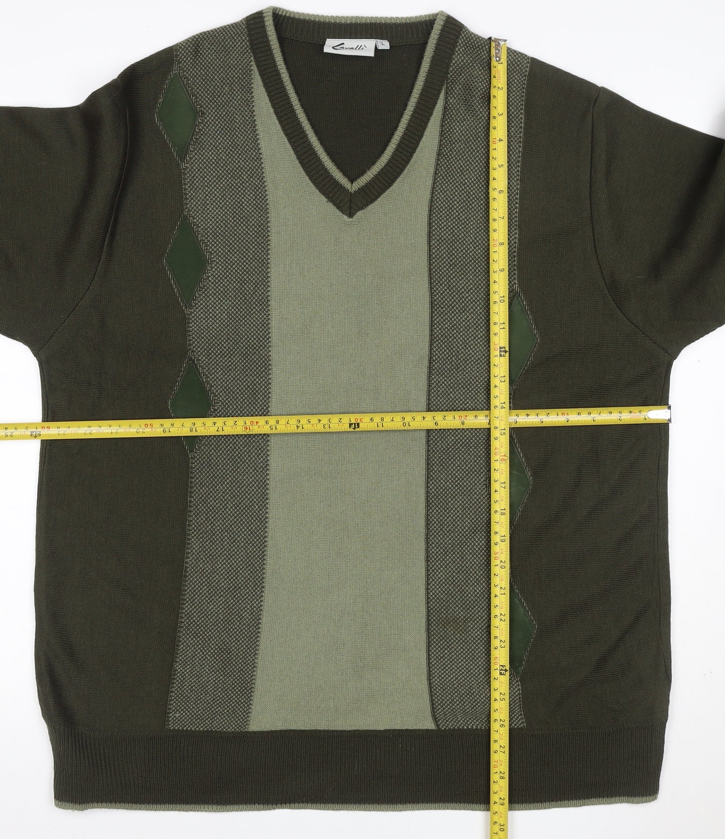 Cavalli Men’s Green L Geometric V-Neck Knit Pullover Jumper