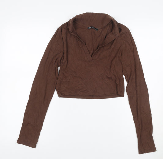 Zara Women Brown M Cropped Rib Knit Collared Long Sleeve Polo Top
