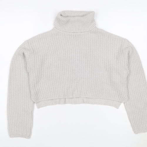 Missguided Women Grey XS Petite Chunky Knit Roll Neck Cropped Jumper