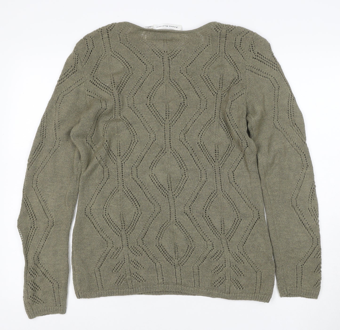Anne Klein Women's Green M Open-Knit Geometric Long Sleeve Jumper