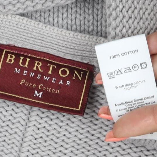 Burton Menswear Men Grey Cotton V-Neck Chunky Knit Jumper M