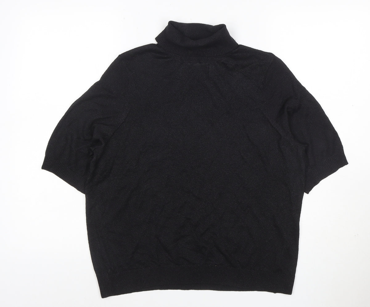 Marks and Spencer Women Black M Roll Neck Short Sleeve Knit Basic Top