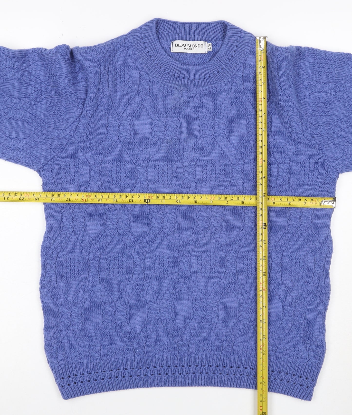 Beaumonde Paris Women’s Blue Size 12 Cable Knit Crew Neck Pullover Jumper